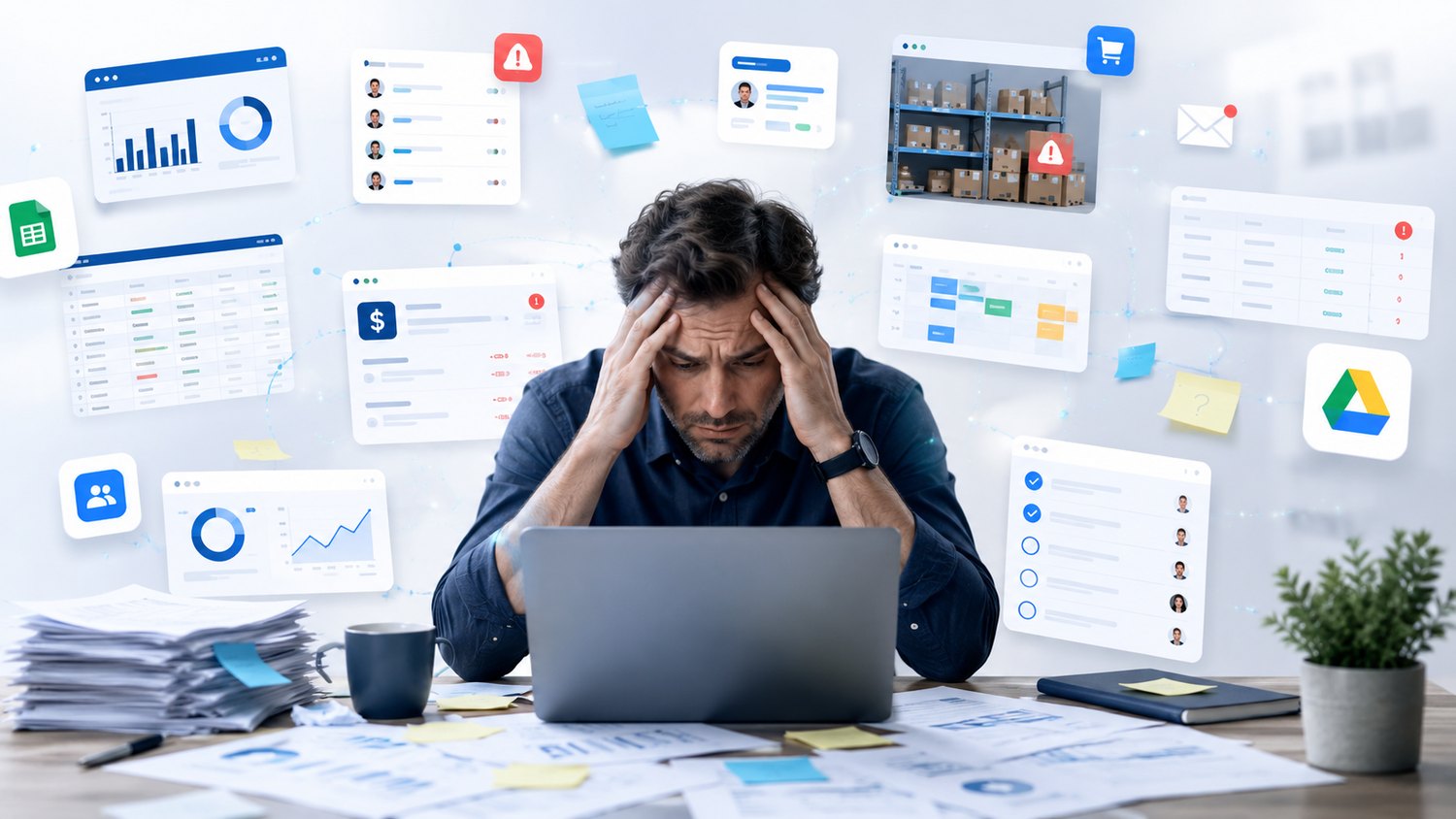 Overwhelmed business owner surrounded by scattered spreadsheets, tasks, inventory and alerts